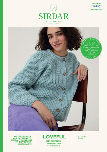 Sirdar 10780 Loveful 100% Recycled Tweed Double Knit Ribbed Cardigan Knitting Pattern Front Cover
