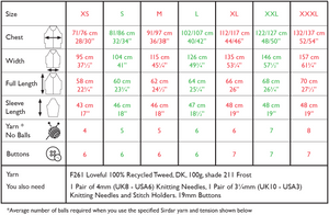 Measurement chart for Sirdar 10780 Loveful 100% Recycled Tweed Double Knit Ribbed Cardigan Knitting Pattern sizes with dimensions in centimeters and inches.