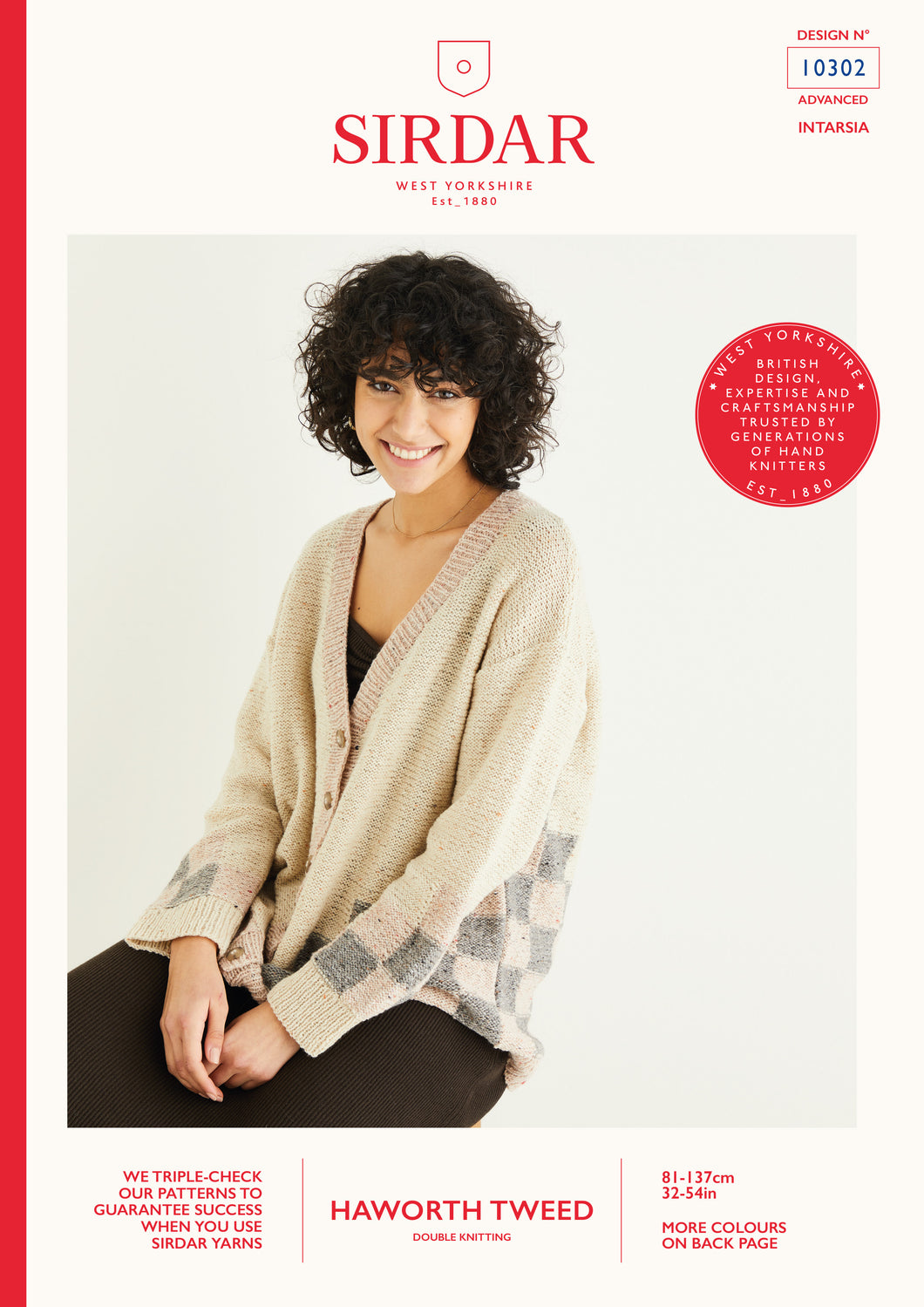 Sirdar 10302 Haworth Tweed Double Knit Intarsia Detail Cardigan Knitting Pattern [Digital Download]