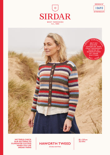 Sirdar 10693 Haworth Tweed Double Knit Striped Crew Neck Cardigan Knitting Pattern [Digital Download]
