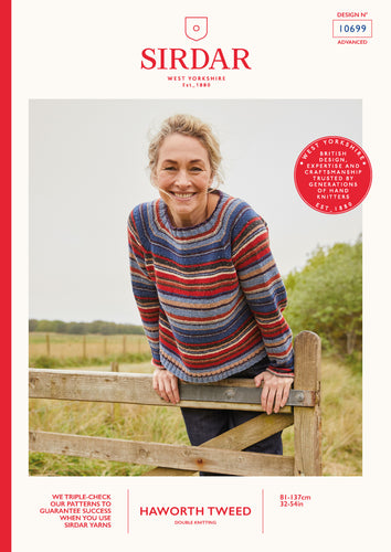 Sirdar 10699 Haworth Tweed Double Knit Striped Crew Neck Sweater Knitting Pattern [Digital Download]