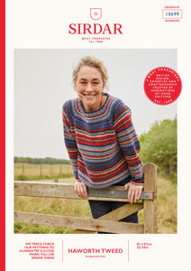 Sirdar 10699 Haworth Tweed Double Knit Striped Crew Neck Sweater Knitting Pattern [Digital Download]