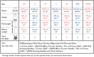 Size chart for Sirdar 10801 Jewelspun Chunky Cardigan Knitting Pattern with measurements in centimeters and inches, including yarn and needle requirements.