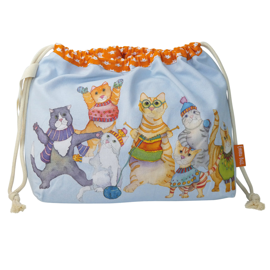 Emaa Ball cotton drawstring project bag with Kittens in Mittens design