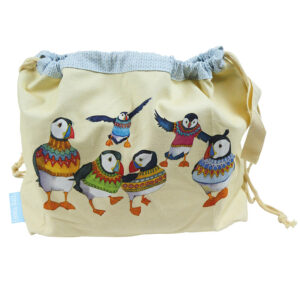 Emma Ball Wooly puffins drawstring bag ideal for knitting or crochet projects