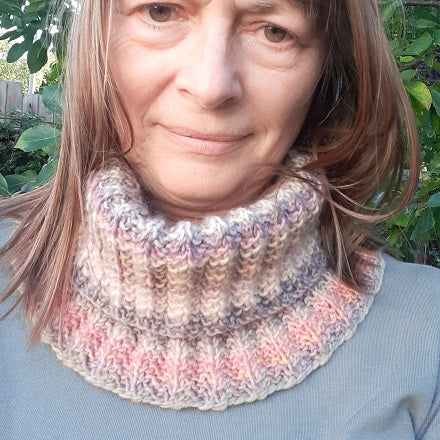 Multi coloured cowl made in Lang Frida yarn 