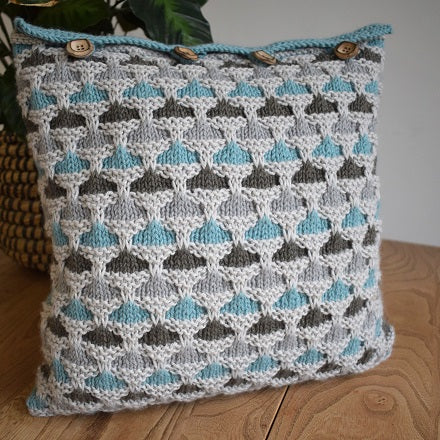 Knitted cushion cover duck egg colourway
