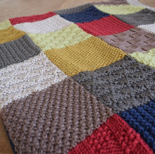 Load image into Gallery viewer, Patchwork blanket in taupe, mustard, navy, cream, and pale yellow